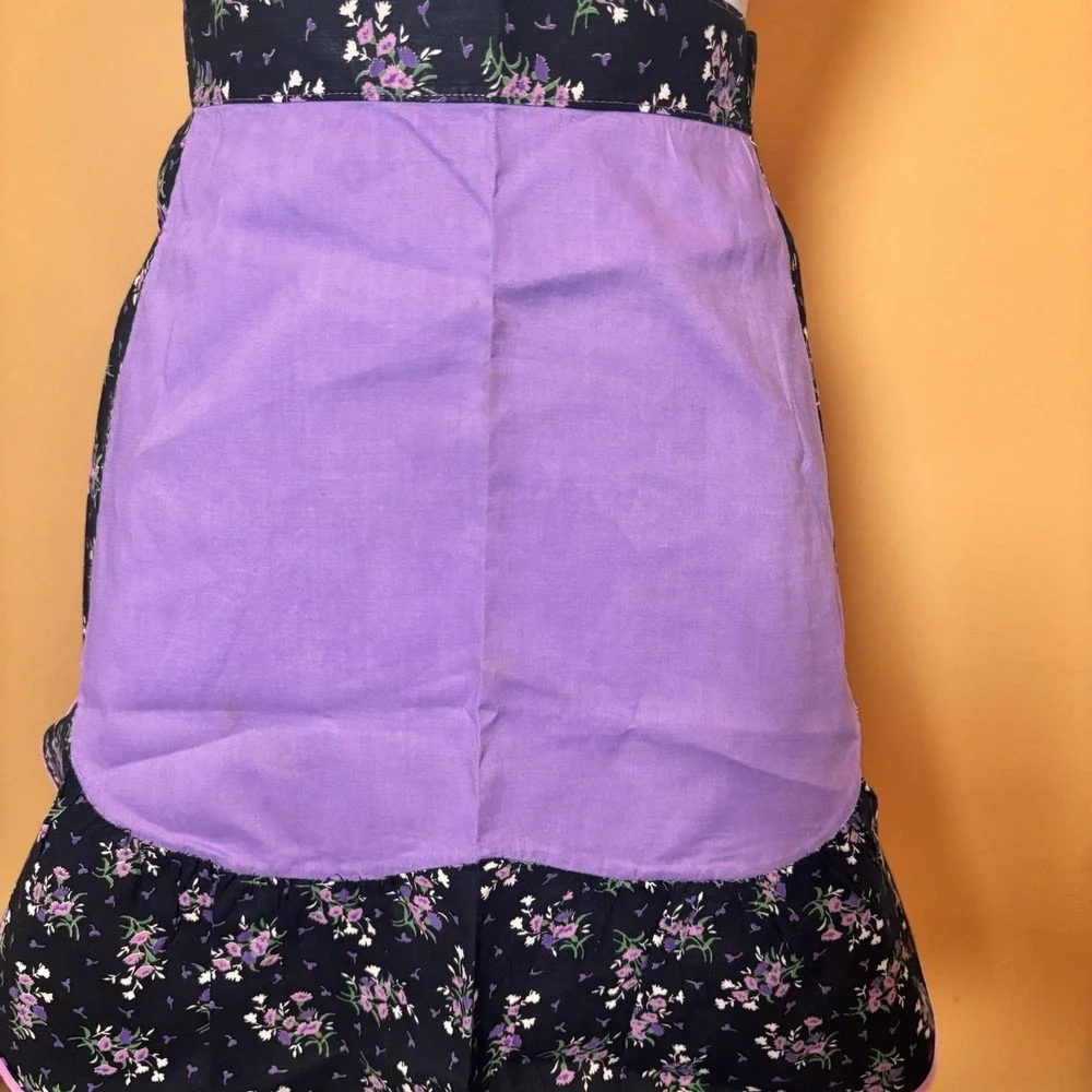 Vintage Handmade Purple Floral Ruffle Half Apron Black  Retro Cottagecore